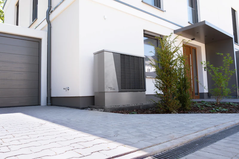 Buitenunit van een warmtepomp naast een moderne woning