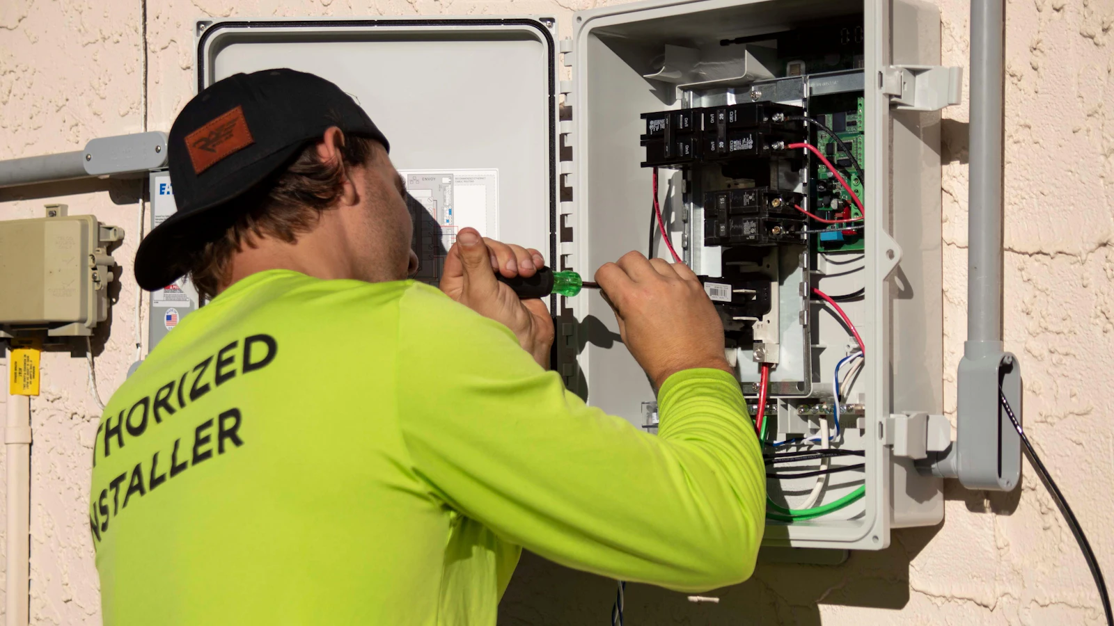 Gecertificeerde airco-installateur aan het werk in de meterkast
